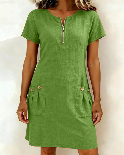 Wren | Linen Half-Zip Short Sleeve Pocket Mini Dress