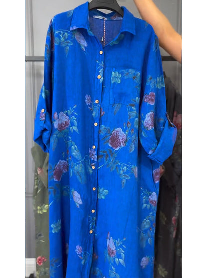 Flora | Rose Print Linen Oversized Button-Through Shirt Dress