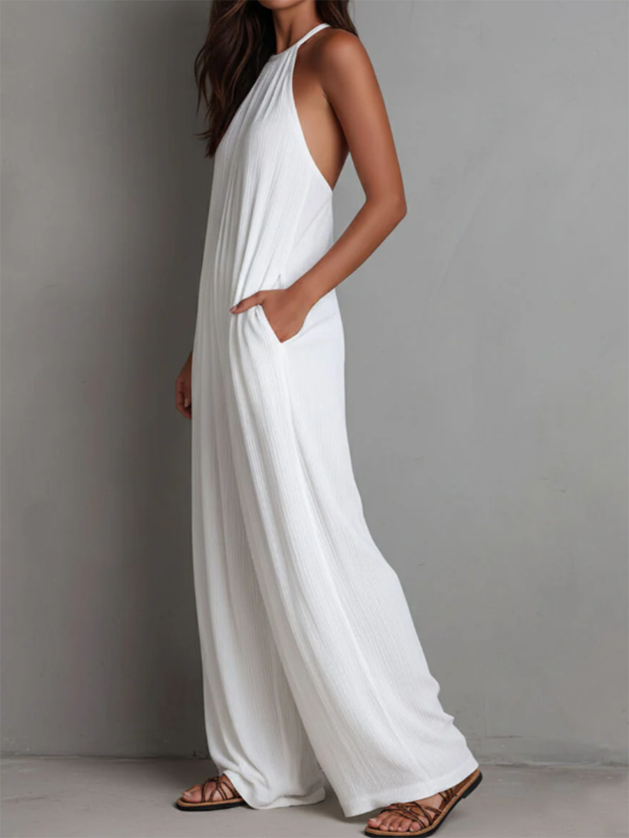Fyndel | Flowing Crinkle Halter Neck Palazzo Leg Casual Jumpsuit