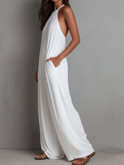 Fyndel | Flowing Crinkle Halter Neck Palazzo Leg Casual Jumpsuit