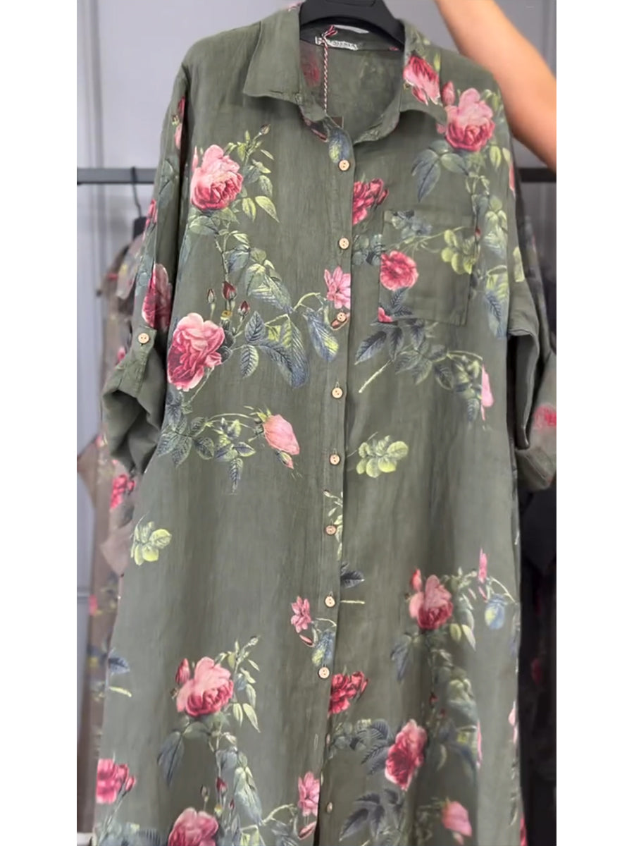 Flora | Rose Print Linen Oversized Button-Through Shirt Dress