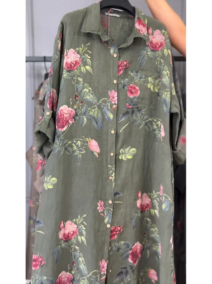 Flora | Rose Print Linen Oversized Button-Through Shirt Dress