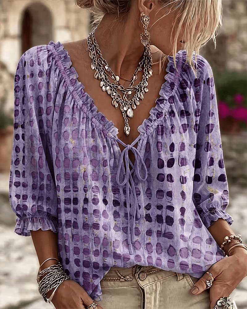 Lorevienne | Textured Polka Dot Peasant Top