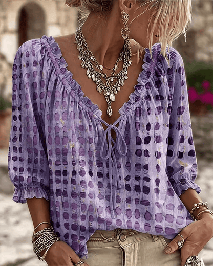 Lorevienne | Textured Polka Dot Peasant Top