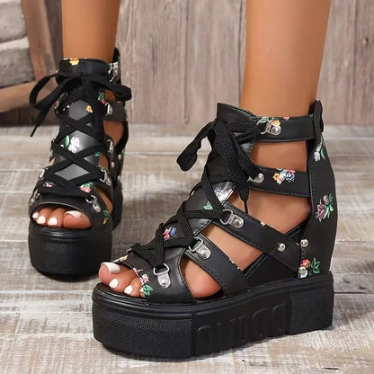 Xylara | Floral Lace Up Platform Sandals