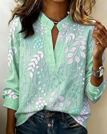 Flora | Botanical Print V-Neck Long Sleeve Blouse