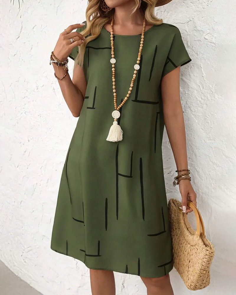 Sage | Geometric Print Round Neck Relaxed Midi Dress