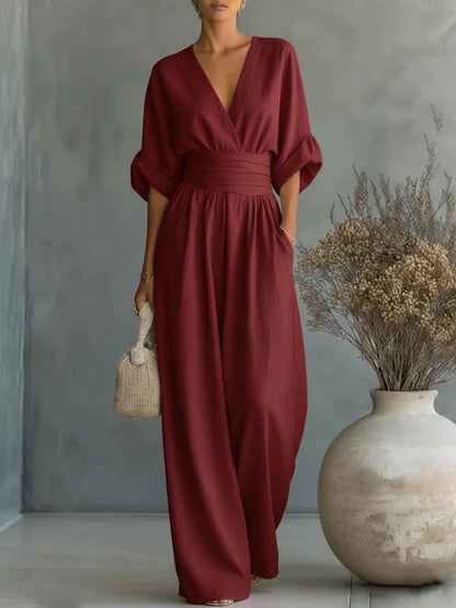 Noxara | Batwing Sleeve V-Neck Ruched Waist Palazzo Leg Jumpsuit