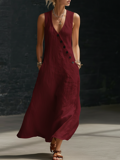 Zyvara | Linen V-Neck Diagonal Button Sleeveless Pocket Maxi Dress