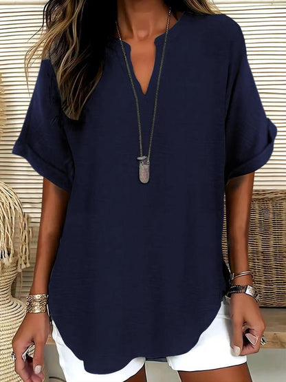 Zyvara | Linen Notch Neck Curved Hem Relaxed Short Sleeve Top