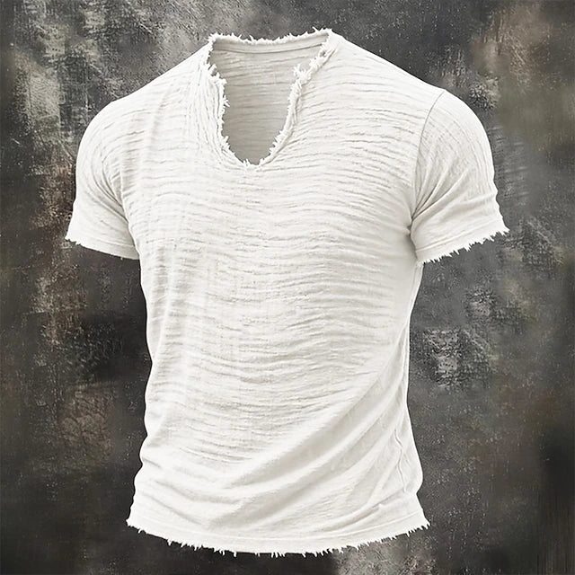 Jensen | Distressed V Neck Textured T Shirt