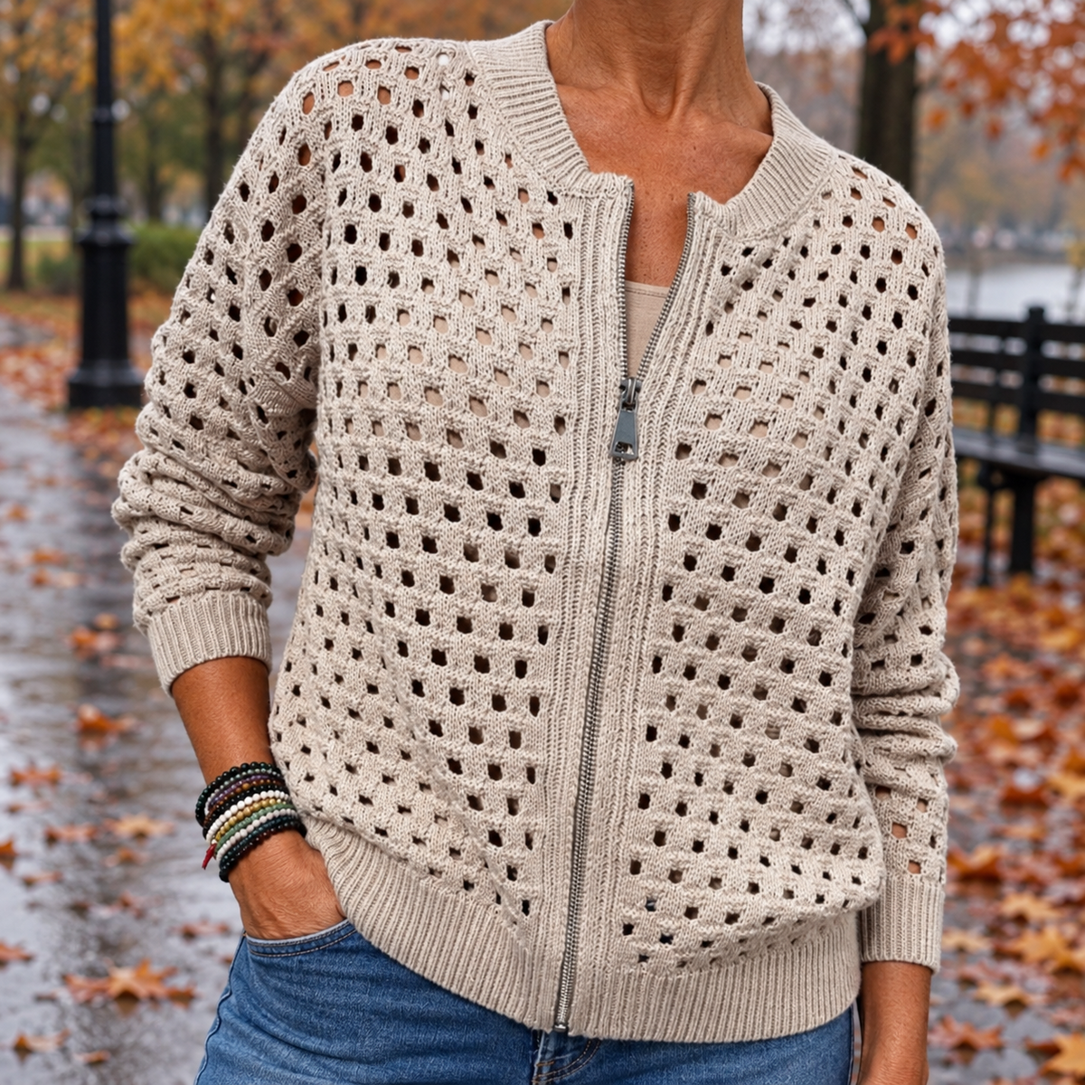 Ingrid | Textured Crochet Zip Cardigan