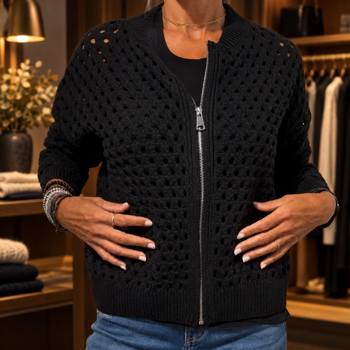 Ingrid | Textured Crochet Zip Cardigan