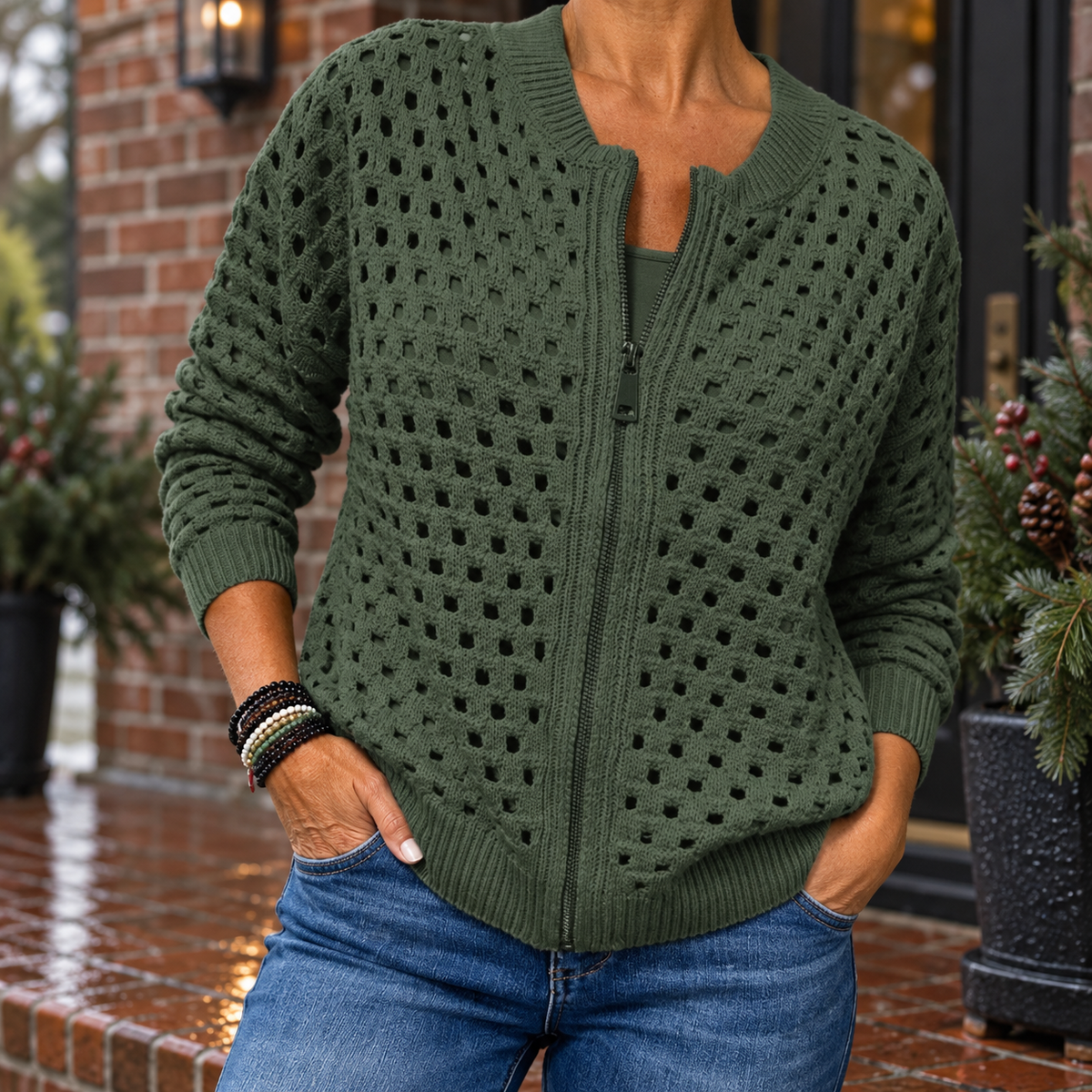 Ingrid | Textured Crochet Zip Cardigan
