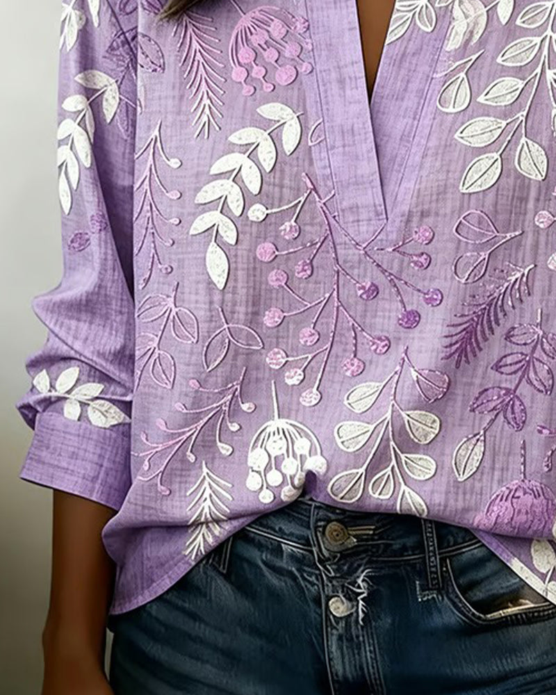Flora | Botanical Print V-Neck Long Sleeve Blouse