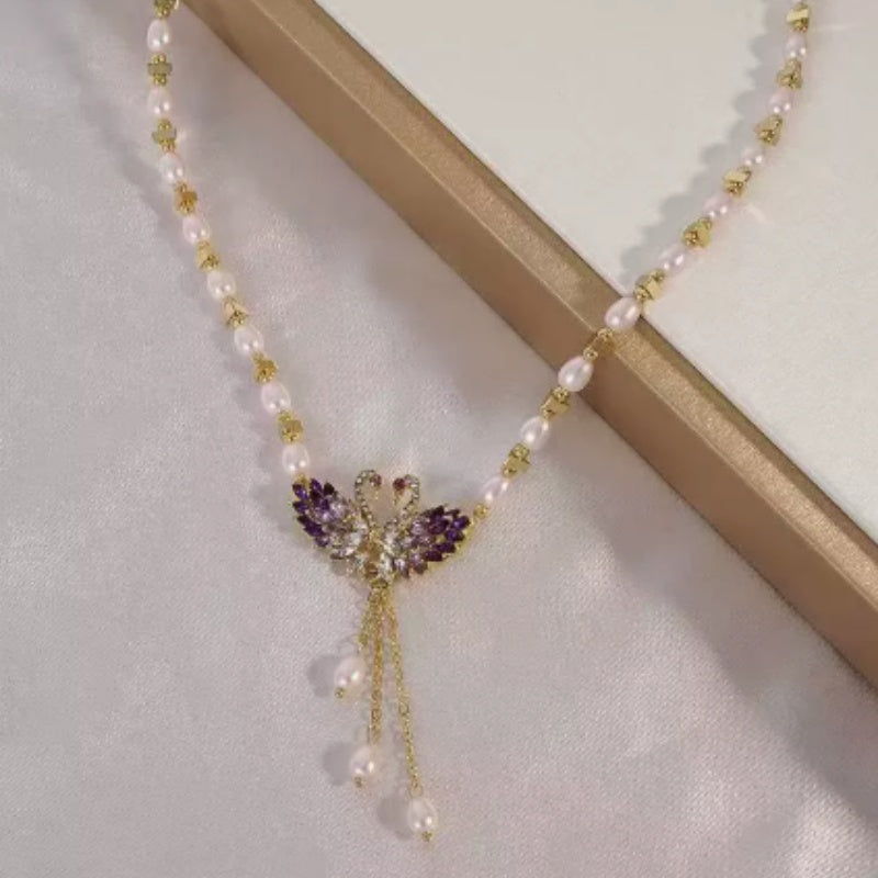 Sovlyn | Crystal Swan Pearl Bead Gold Chain Tassel Necklace