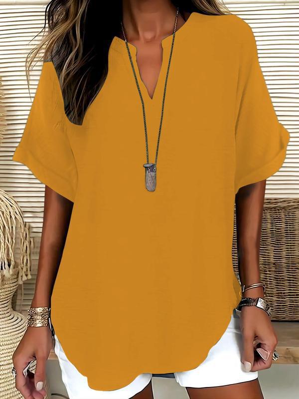Zyvara | Linen Notch Neck Curved Hem Relaxed Short Sleeve Top
