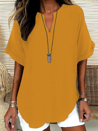 Zyvara | Linen Notch Neck Curved Hem Relaxed Short Sleeve Top