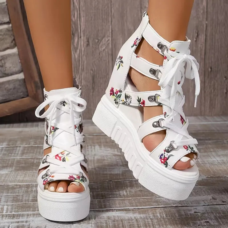 Xylara | Floral Lace Up Platform Sandals