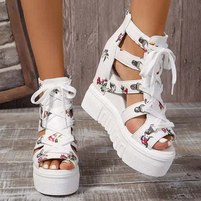 Xylara | Floral Lace Up Platform Sandals