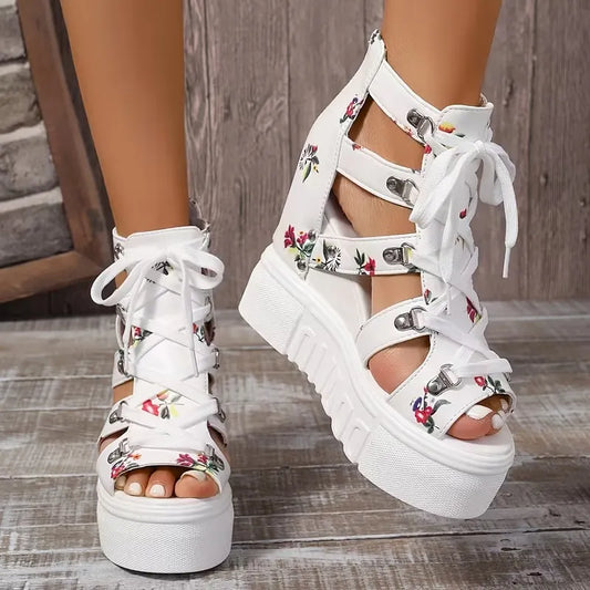 Xylara | Floral Lace Up Platform Sandals