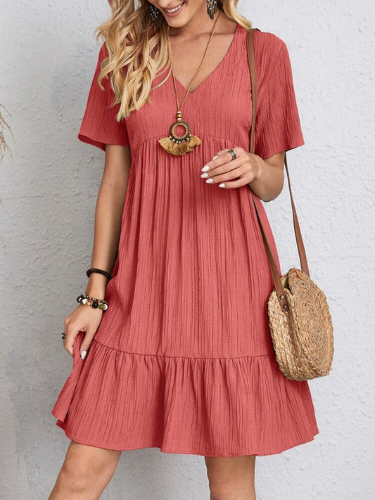 Honoria | Textured V Neck Tiered Mini Dress