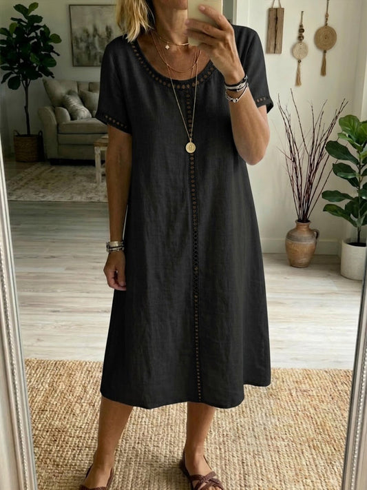 Clara | Linen Trim Detail Short Sleeve Midi Dress