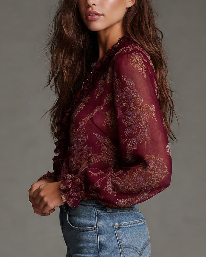 Delvara | Paisley Print Sheer Ruffle Zip Front Boho Blouse