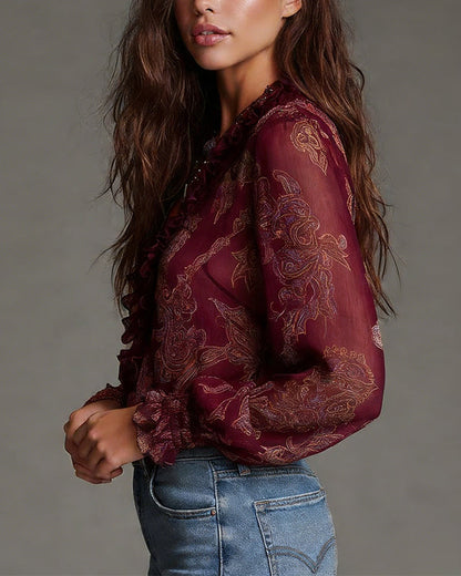 Delvara | Paisley Print Sheer Ruffle Zip Front Boho Blouse