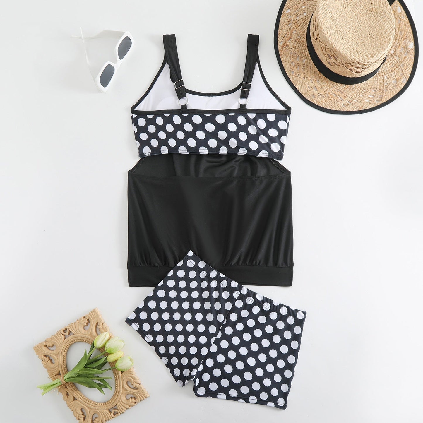 Oxvara | Colour Block Polka Dot Tankini Top & Boyleg Swim Shorts Set