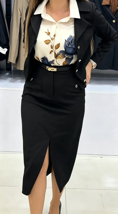 Xylena | Tailored Button Blazer Skirt Set