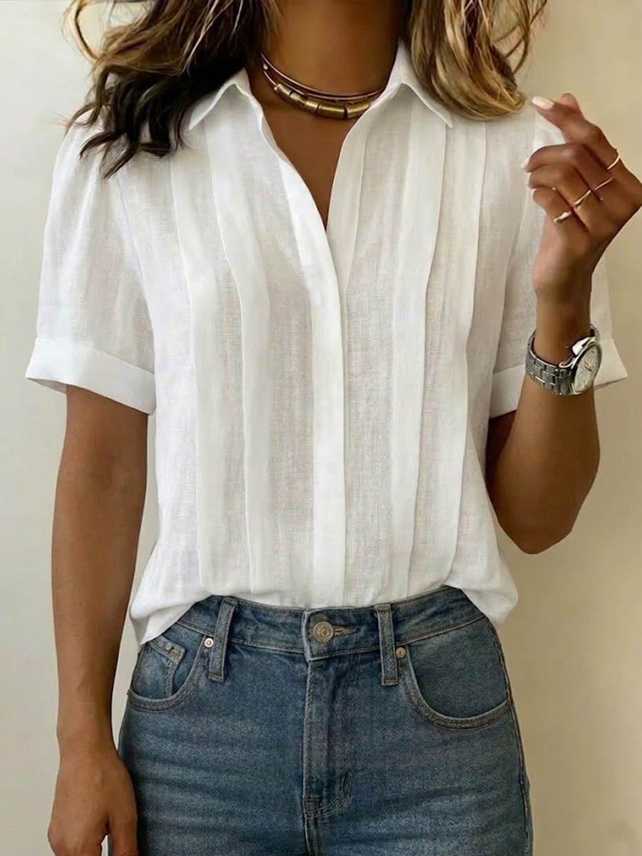 Tuvaine | Linen Pleated Front Collar Short Sleeve Casual Shirt