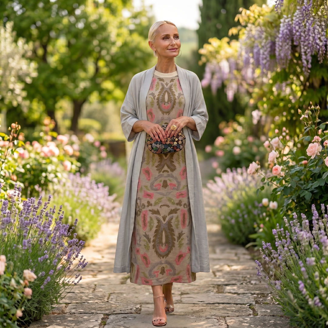 Mirevique | Printed Dress and Satin Shawl Set