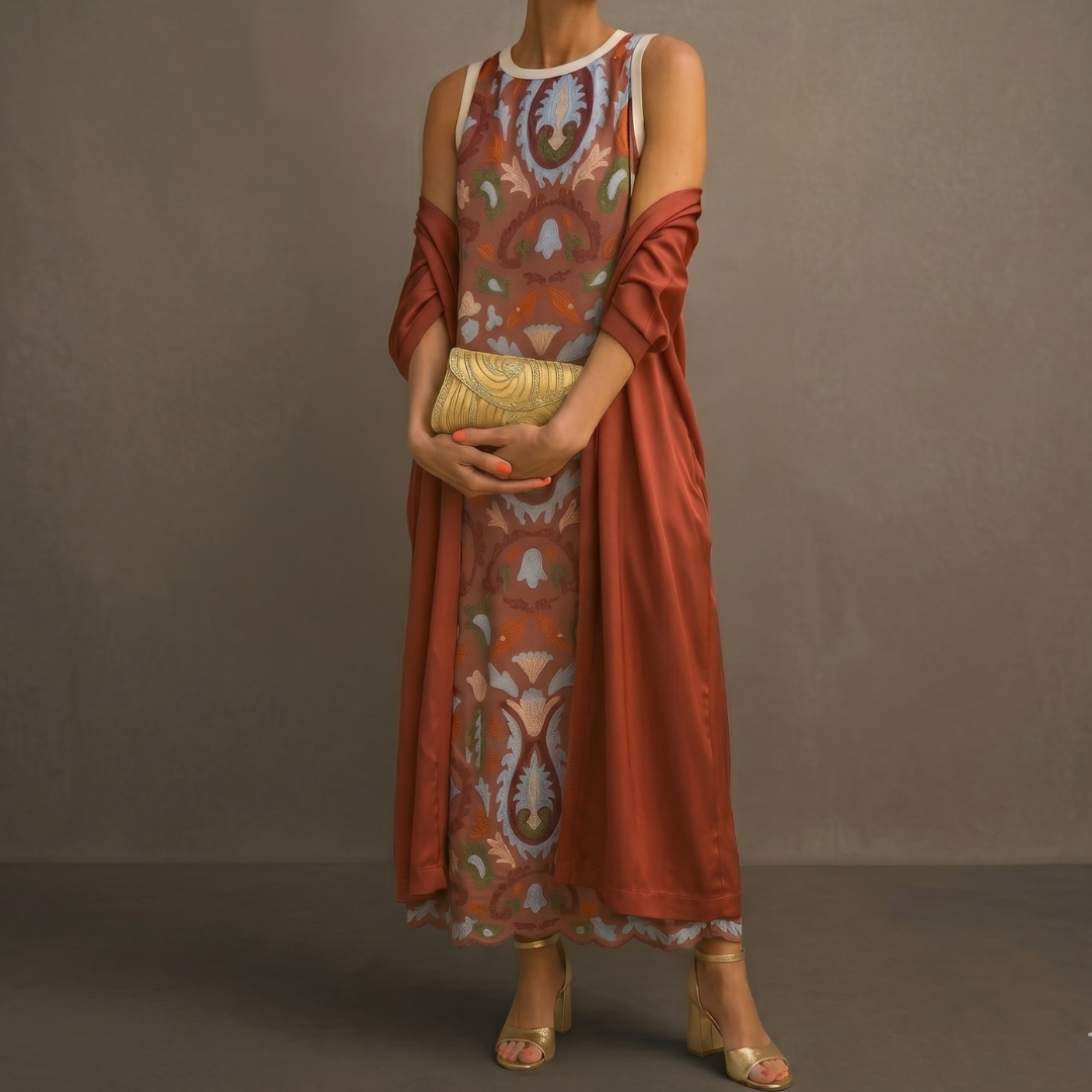 Mirevique | Printed Dress and Satin Shawl Set