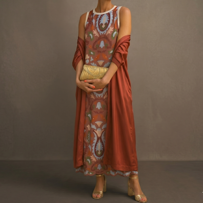 Mirevique | Printed Dress and Satin Shawl Set