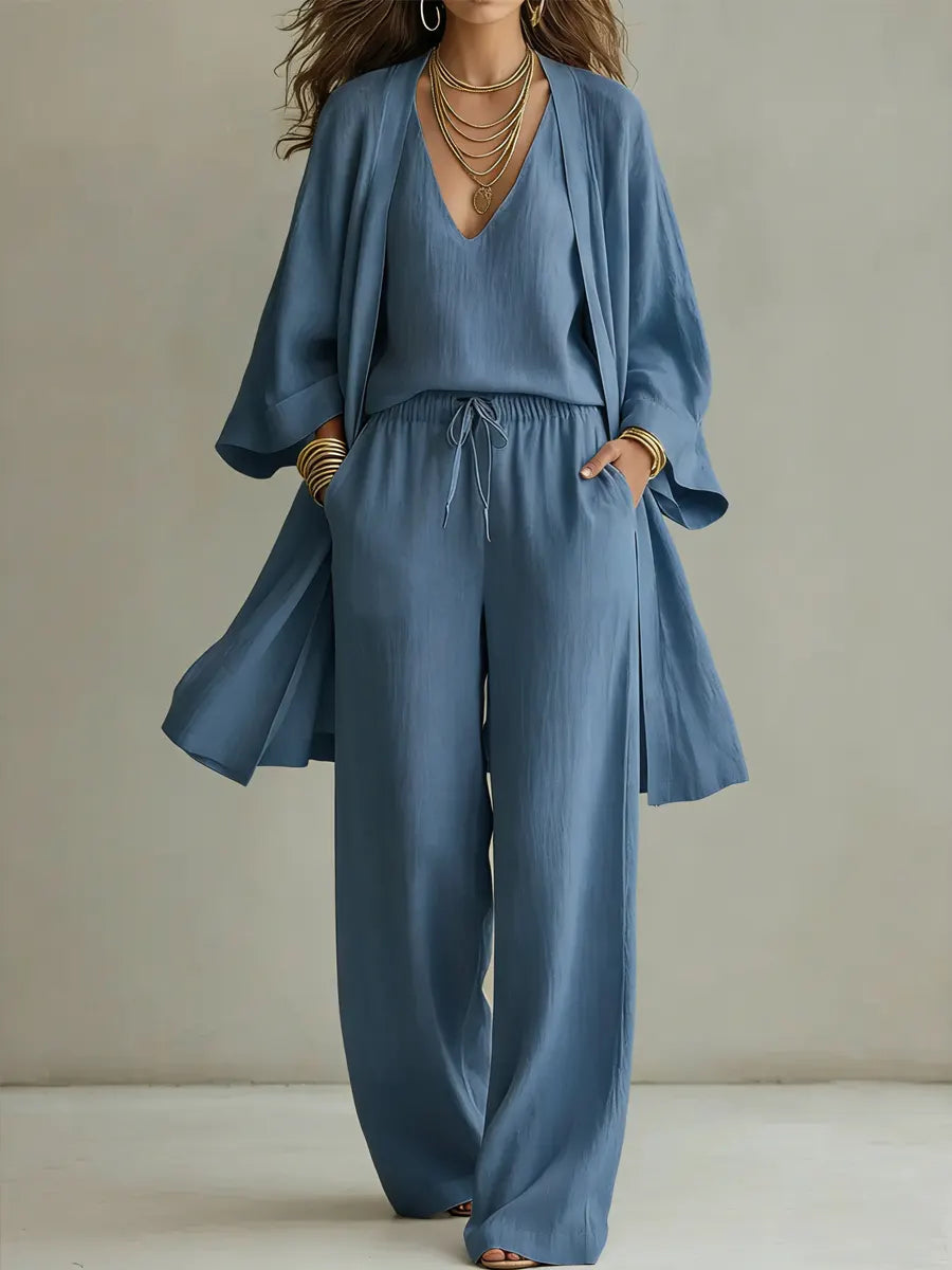Kavryn | Longline Kimono Cardigan V-Neck Top & Wide Leg Trouser Three-Piece Set