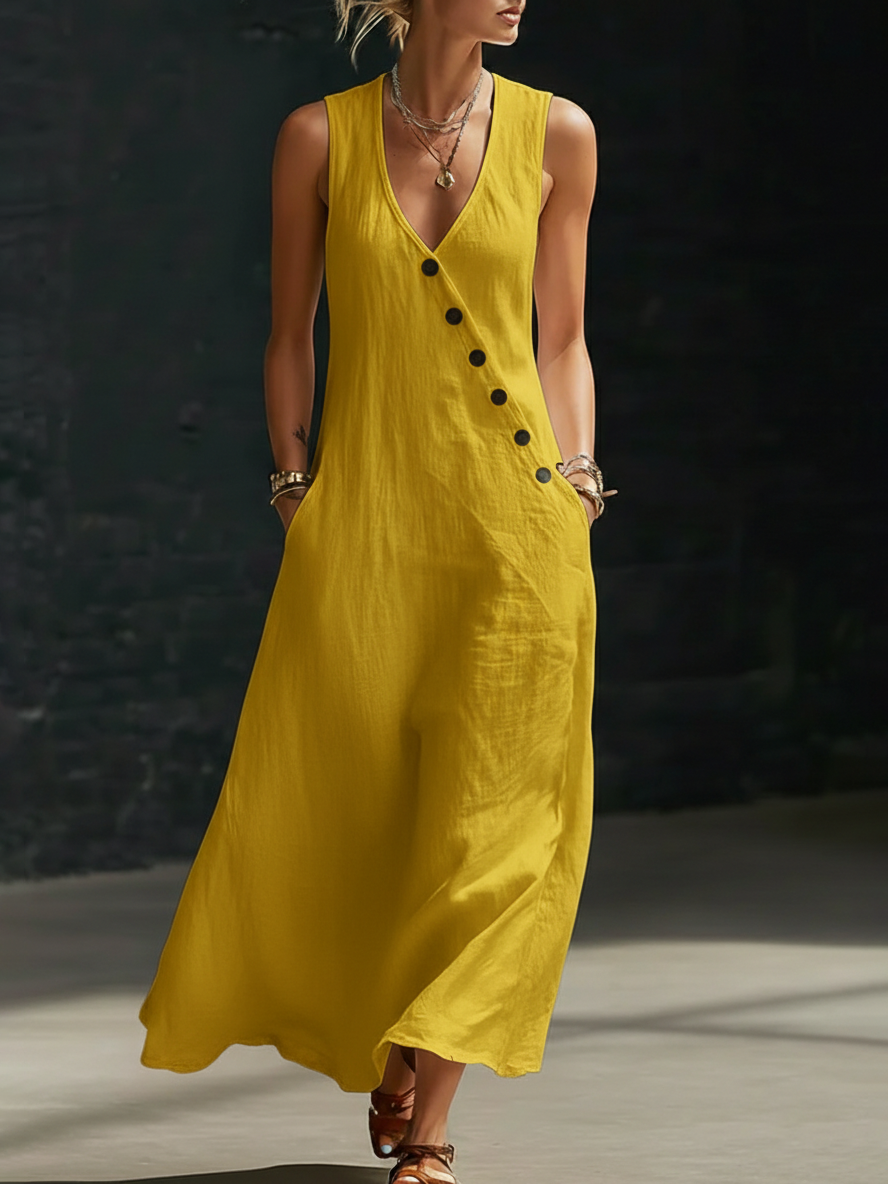 Zyvara | Linen V-Neck Diagonal Button Sleeveless Pocket Maxi Dress
