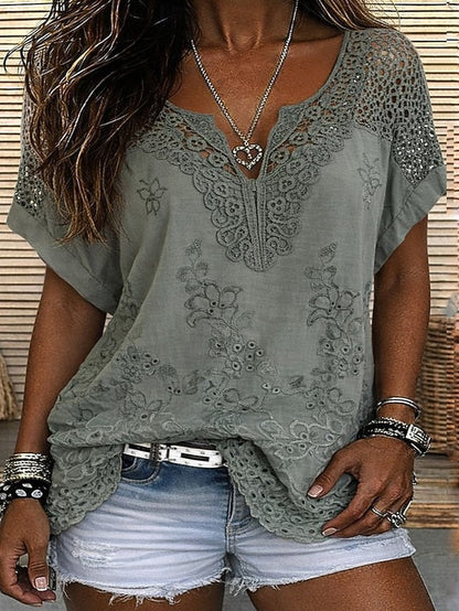 Odalys | Embroidered Lace V Neck Blouse
