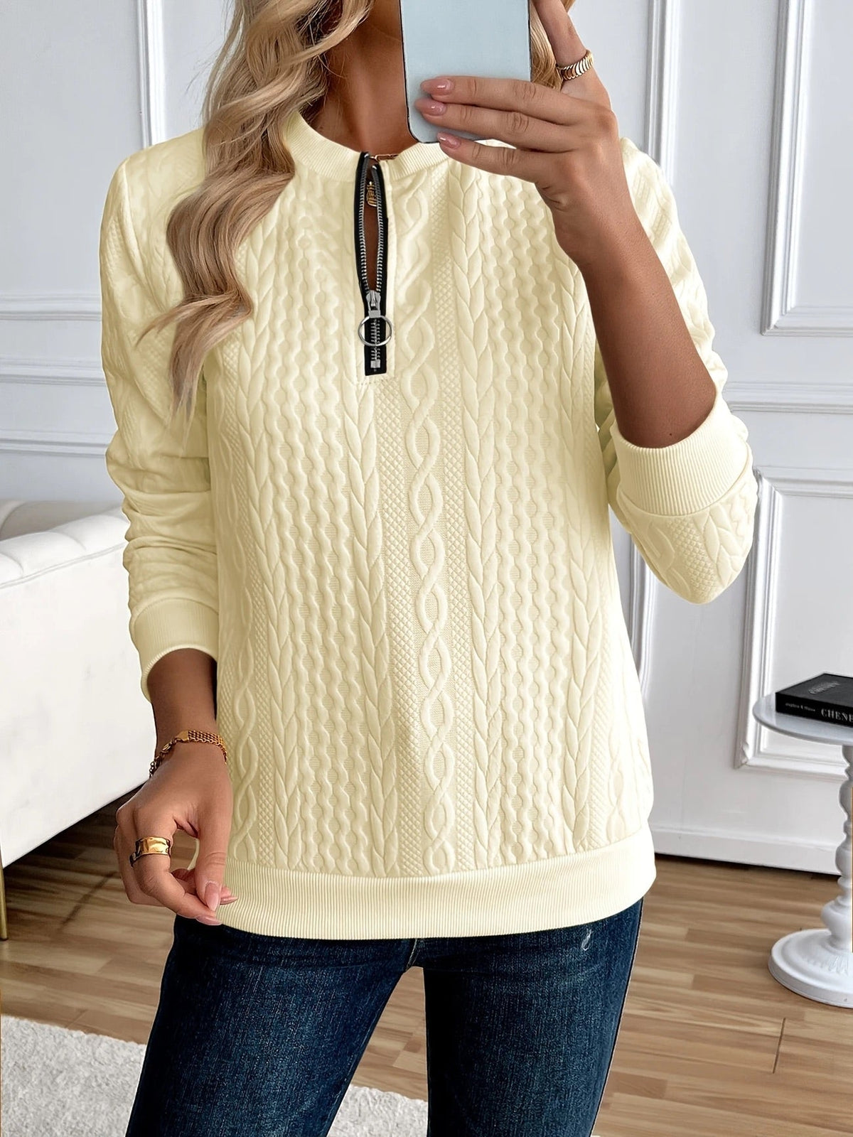Phaeline | Cable Knit Half Zip Sweatshirt