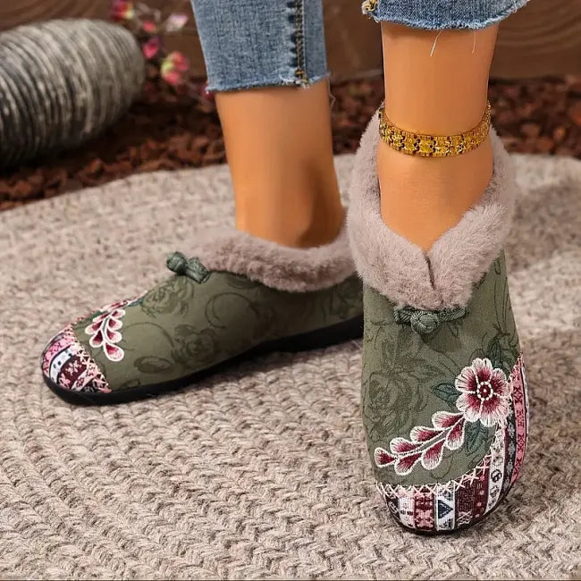 Petaline | Floral Embroidered Fleece Lined House Shoes