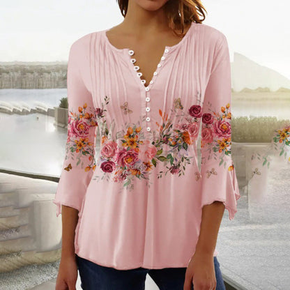 Sevryn | Floral Border Print Pintuck Button Notch Neck Three-Quarter Sleeve Top