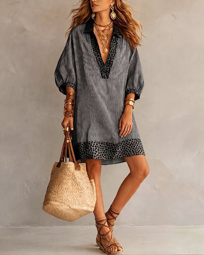 Perrine | Leopard Trim Stripe Shirt Dress