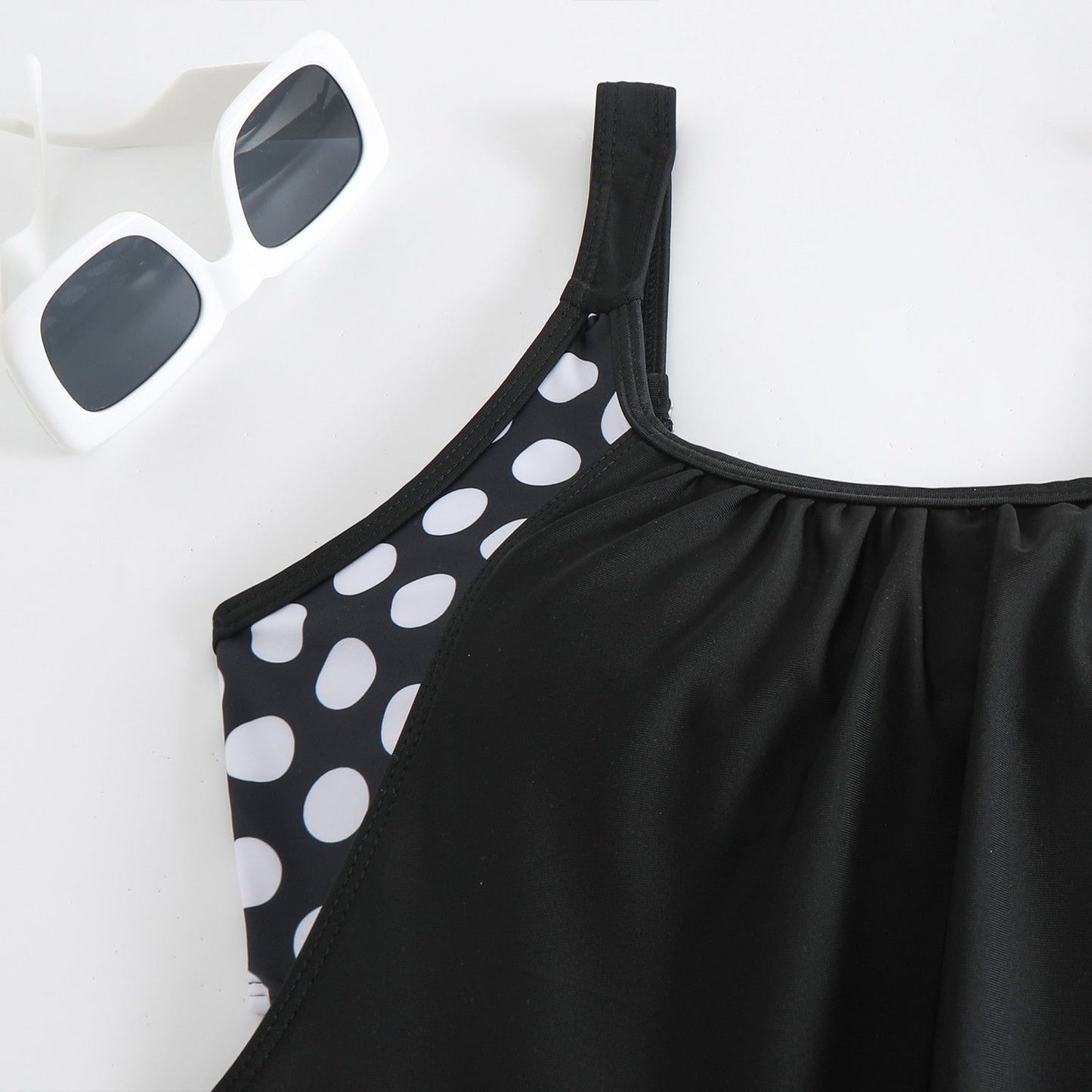 Oxvara | Colour Block Polka Dot Tankini Top & Boyleg Swim Shorts Set