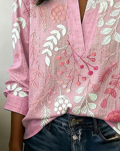 Flora | Botanical Print V-Neck Long Sleeve Blouse