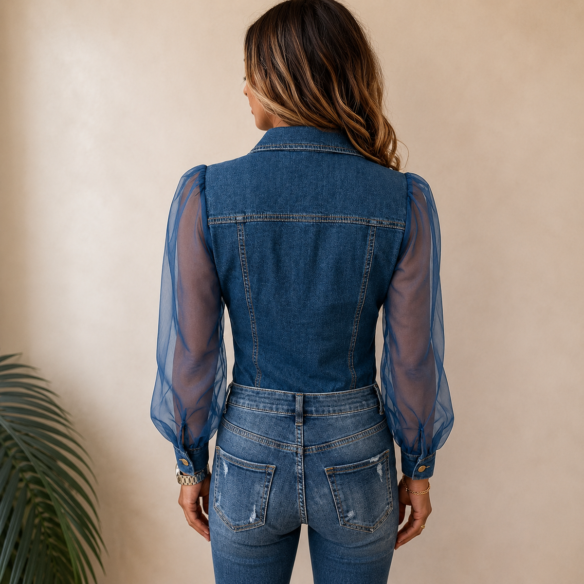Kalyssa | Sheer Sleeve Button Front Denim Blouse