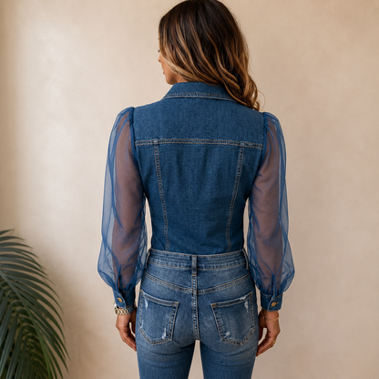 Kalyssa | Sheer Sleeve Button Front Denim Blouse