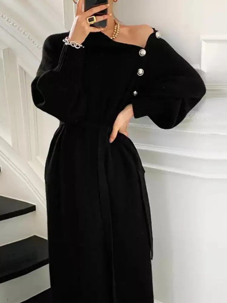 Freesia | Button Detail Belted Knit Midi Dress