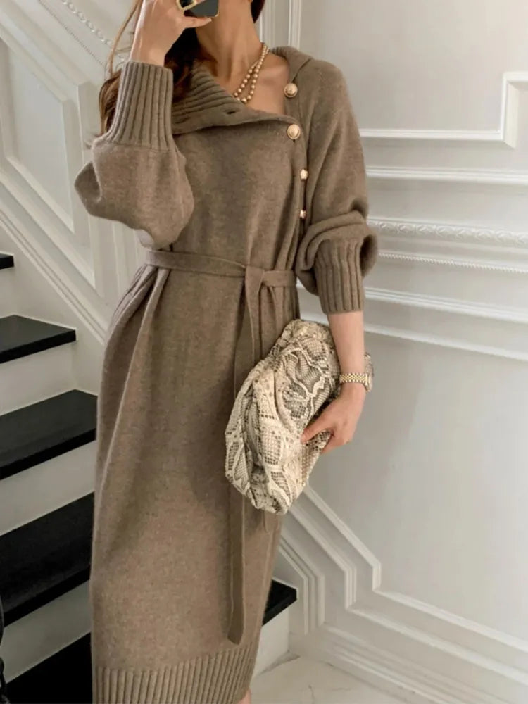 Freesia | Button Detail Belted Knit Midi Dress