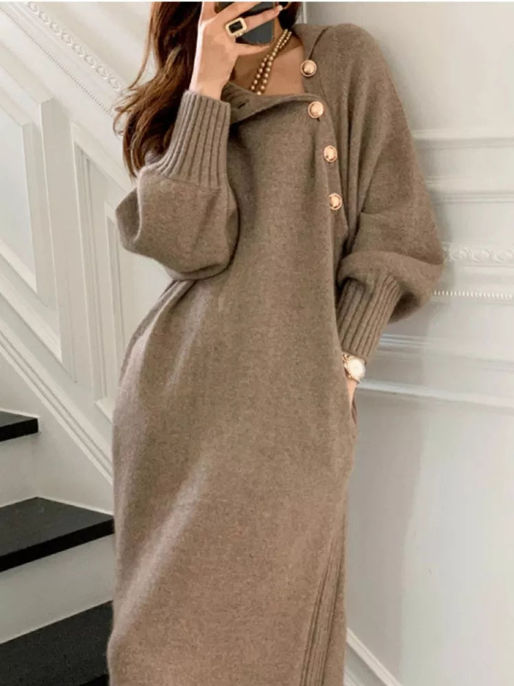 Freesia | Button Detail Belted Knit Midi Dress