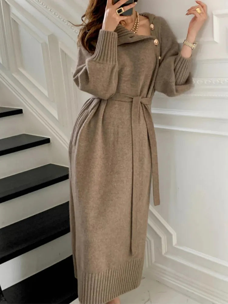 Freesia | Button Detail Belted Knit Midi Dress